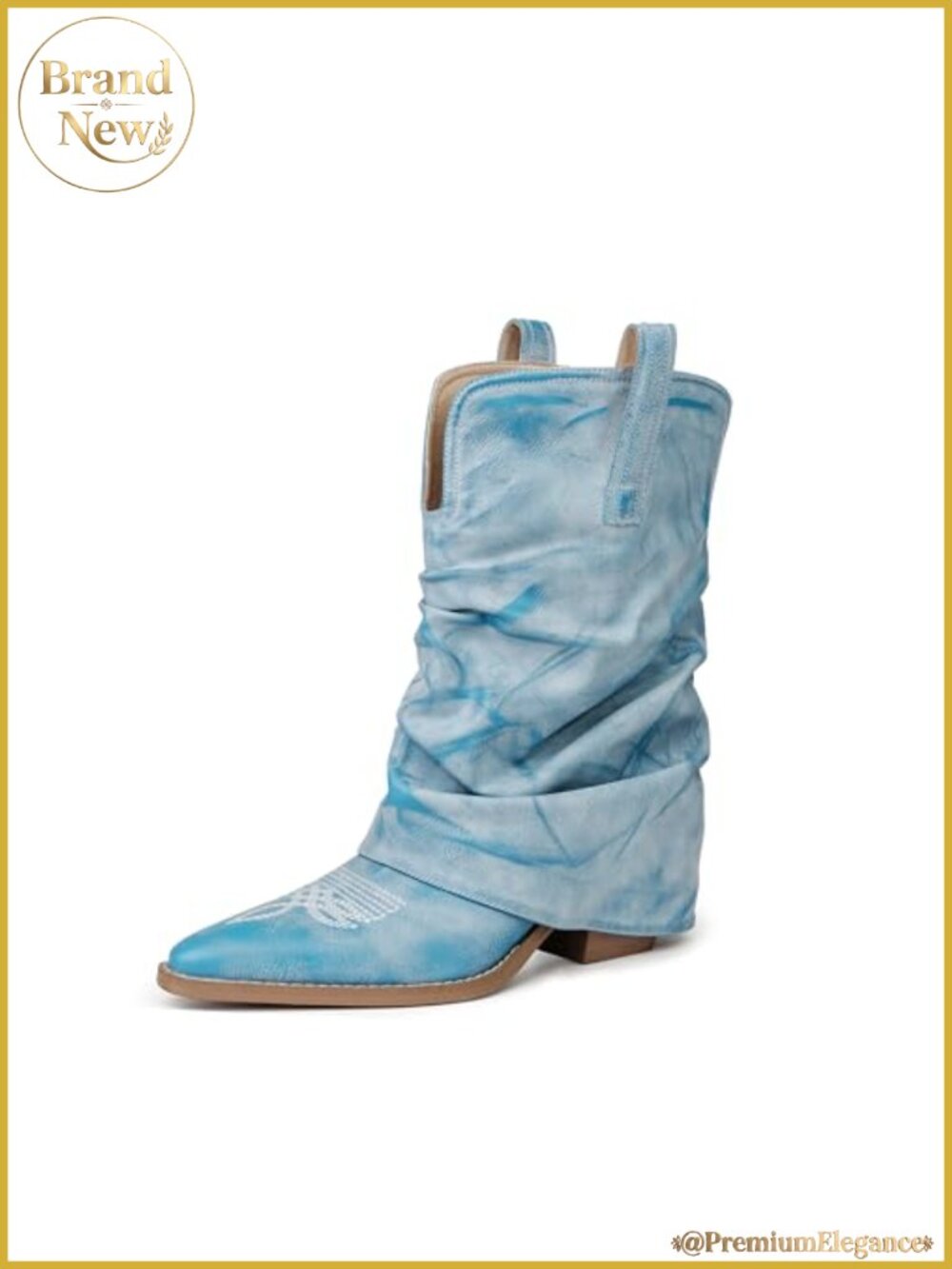 Pointed Toe Mid Calf Western Cowboy Boots Slouchy Pull On Faux Leather